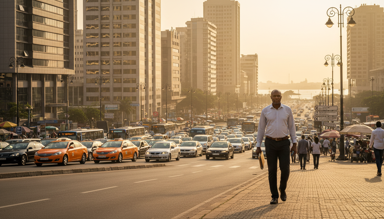 Abidjan Plateau – scène économique urbaine au coucher du soleil
